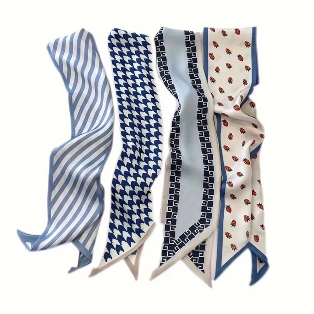 Parisian Chic Set of 4 Geometric Strawberry Twilly Scarves Stripes Houndstooth